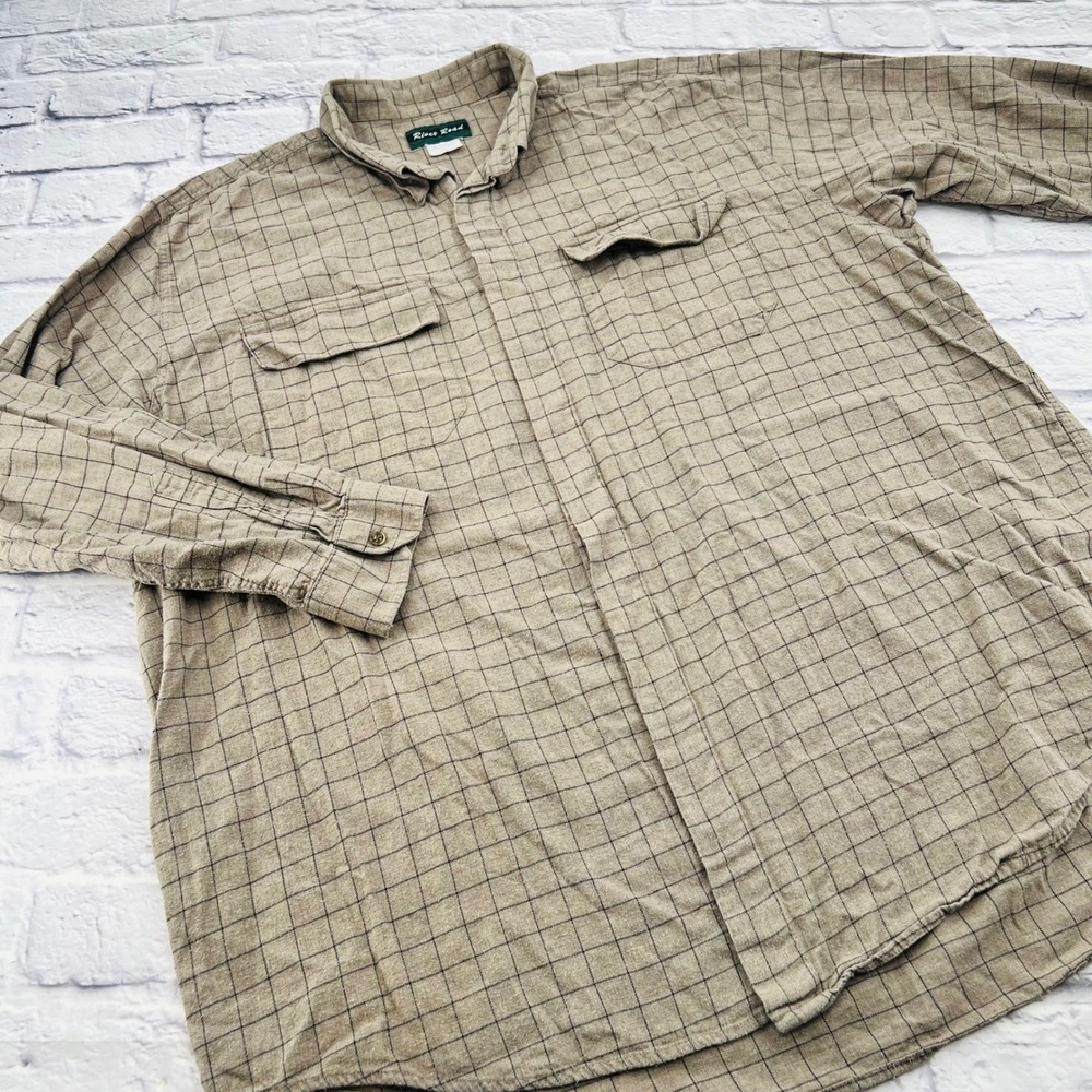 River Road Mens 3XT Tan Windowpane Check Cotton Flannel Button Down Shirt